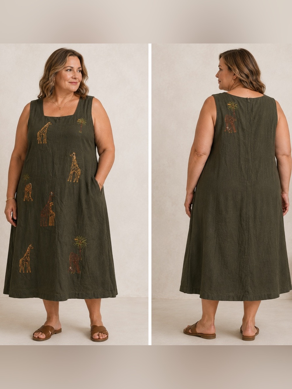 Women's Olive Green Embroidered Resort Whimsy Giraffe Shift Dress Plus Size 22 W